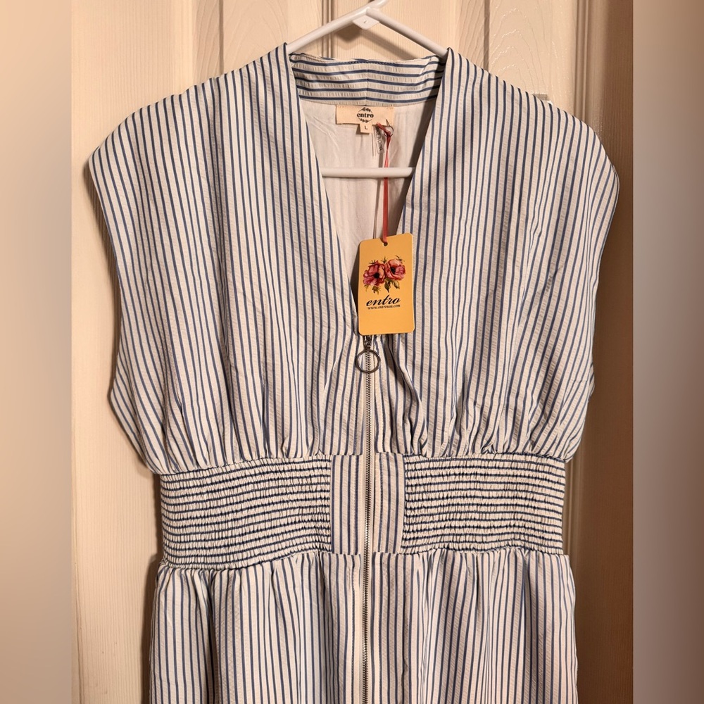 Entro Wide Leg Jumpsuit L Zip Front Blue and White Striped